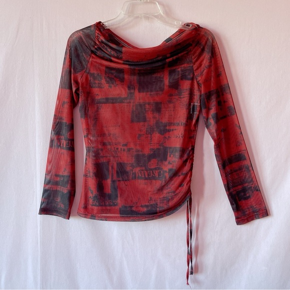Crimson Red Newspaper Off Shoulder Mesh Top 🔲🖤🥀 - Picture 2 of 8